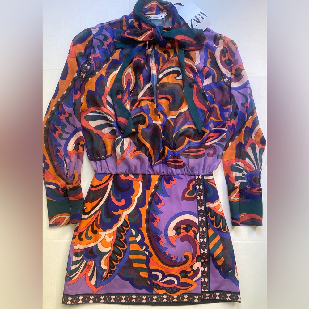ZARA Floral Tie Neck Mini Dress Size S NWT w/ Defect Long Sleeve Sheer Top VNeck